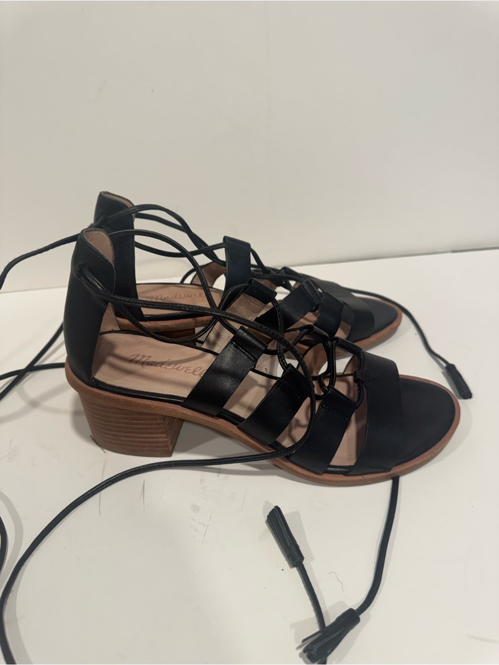 Madewell Black Leather Lace Up Block Heel Sandals Strappy Gladiator Heels